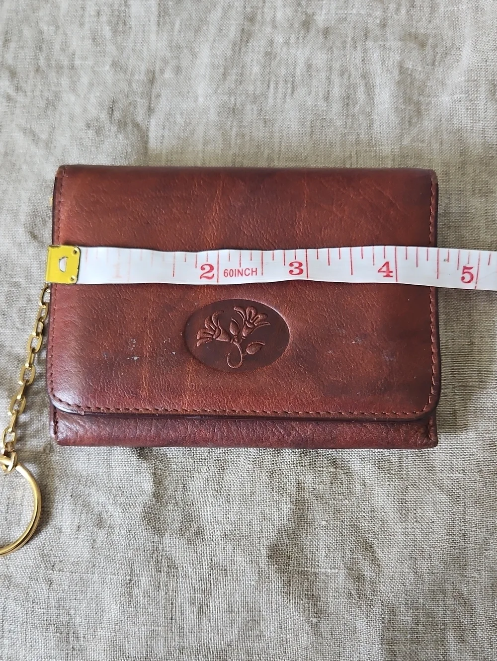 Buxton Brown Leather Key & Card Holder with Gold-Tone Chain, Floral Accent